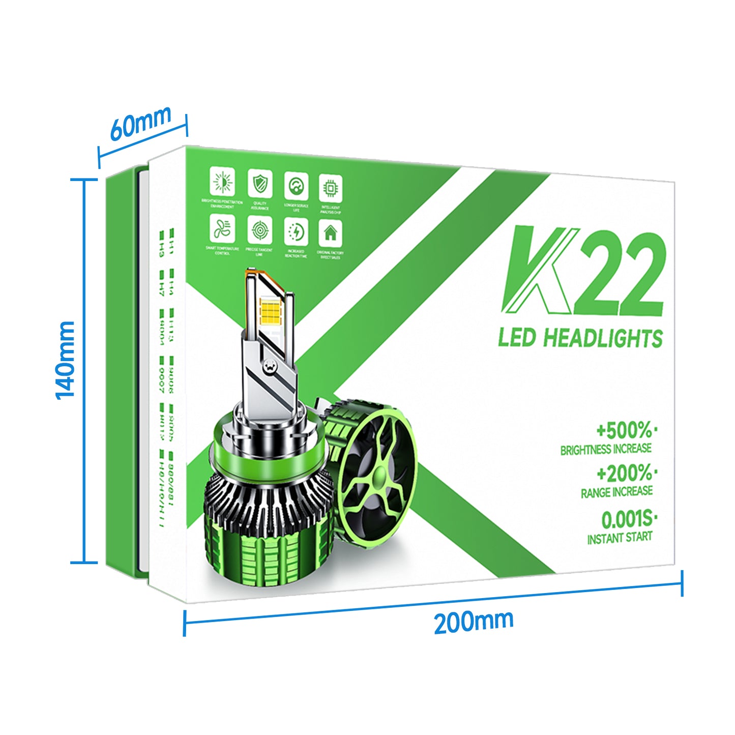 K22 H11/H9/H8/H1/H4/H7 150W 6000K 30000LM IP68 LED Headlight Bulbs 2Pcs